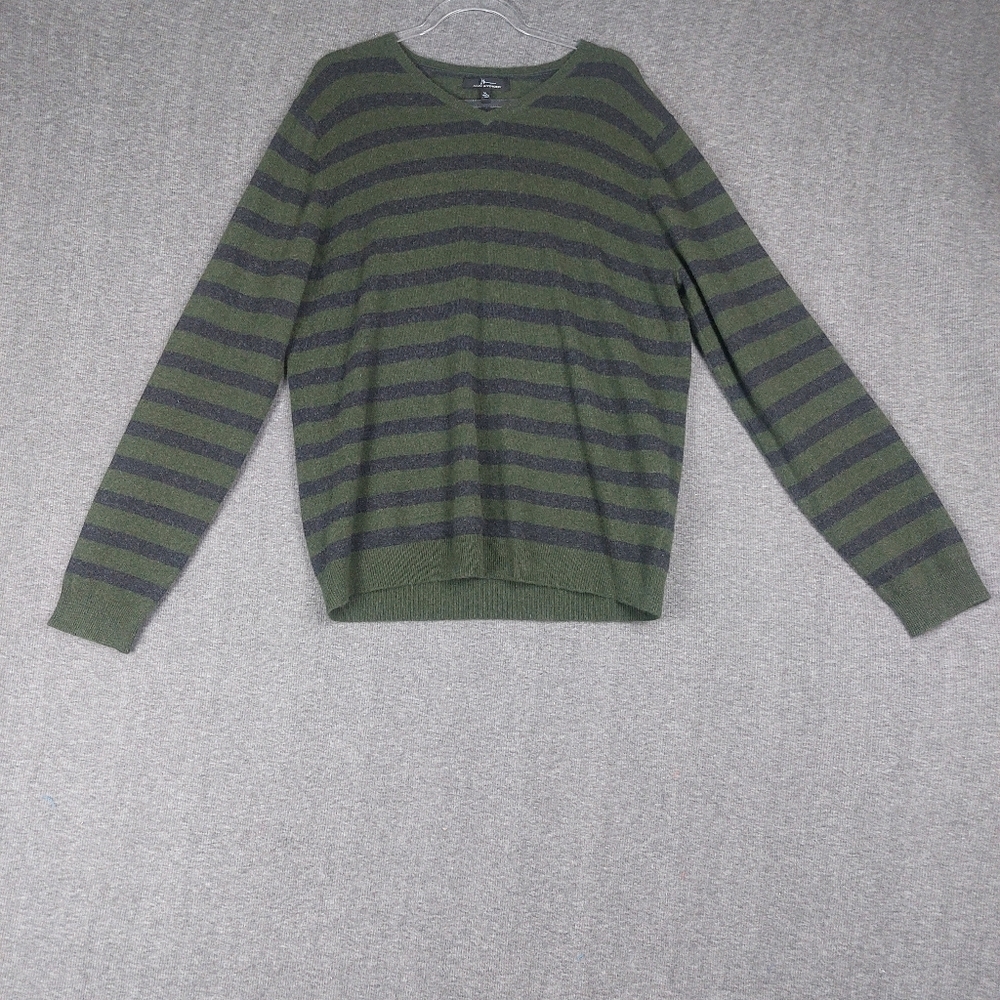 MARC ANTHONY MENS GREEN GRAY STRIPED 100% CASHMERE LONG SLEEVE VNECK SWEATER XL